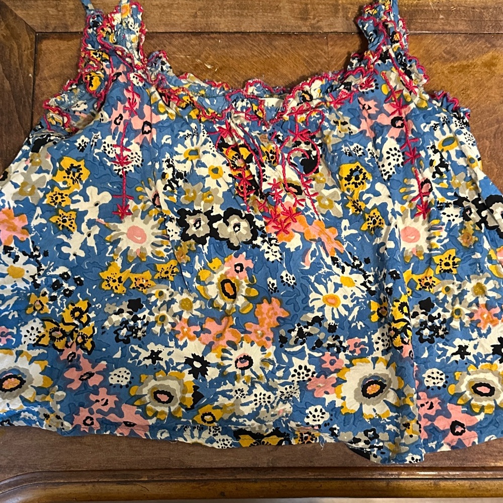 Floral Sleeveless Top with Blue and Yellow Accents cropped